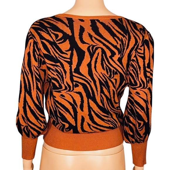 New York & CO Cropped Cardigan Y2K 90s Animal Print Burnt Orange Black SZ Med - Picture 3 of 6